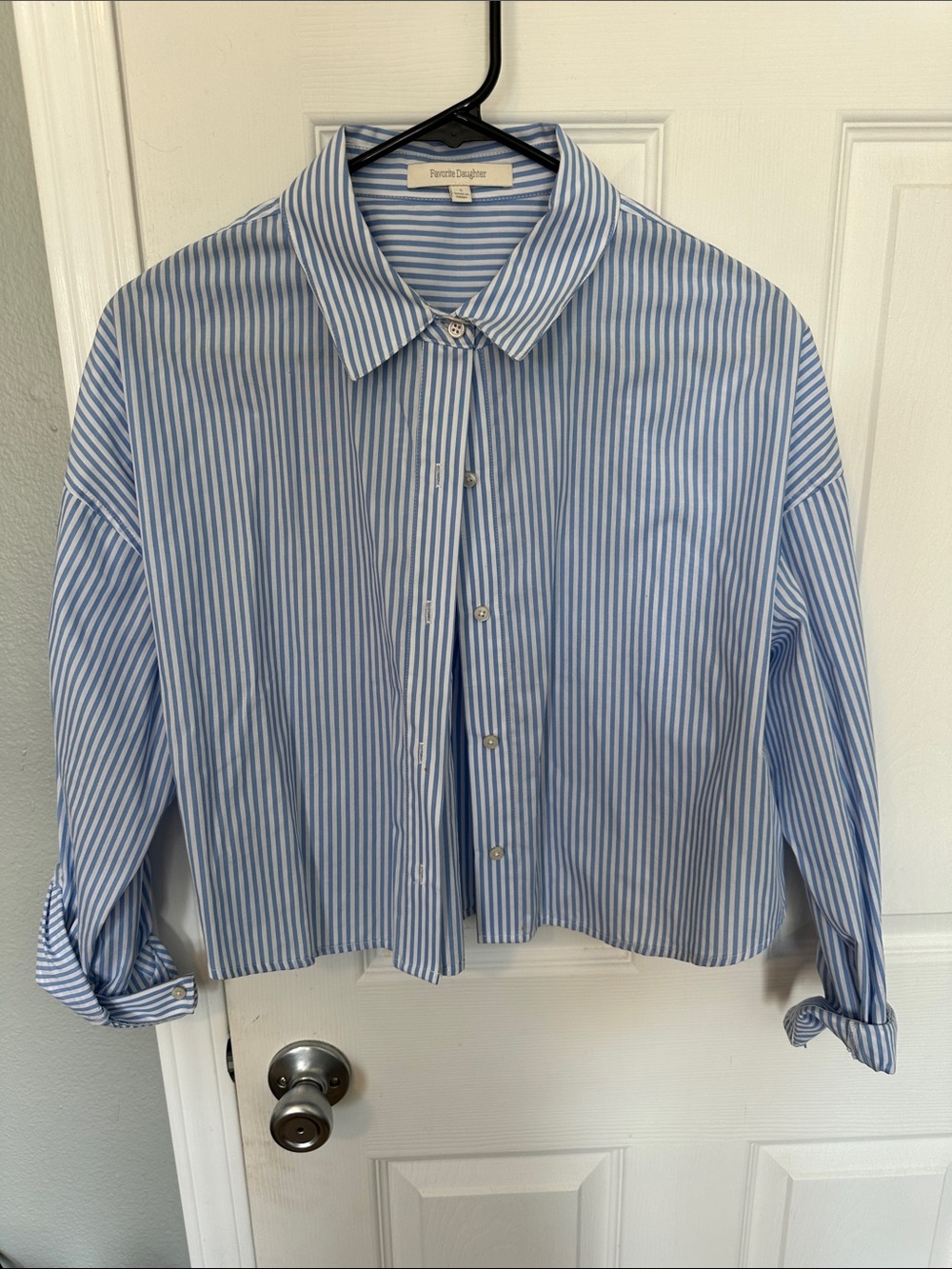 Favorite Daughter Cropped Ex-Boyfriend Blue and White Striped Button-Down Shirt